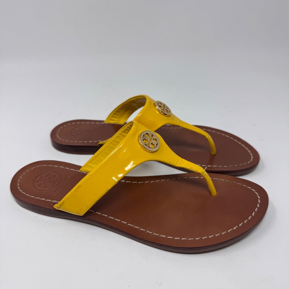 Tory Burch Cameron Thong Sandals Daisy Yellow Patent Leather Size 5M